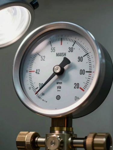 Close-up of digital manifold gauges displaying precise pressure metrics during an HVAC system calibration, clean work light illumination.