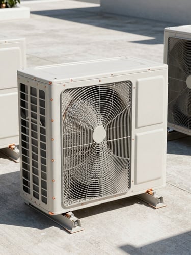 Wide, symmetrical shot of a perfectly leveled modern outdoor condenser unit on a clean concrete pad, bright Florida daylight, crisp shadows, clean copper welds visible.