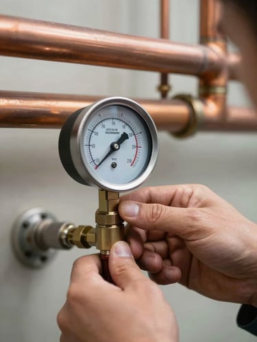 Close-up of a technician's hand adjusting a digital manifold gauge connected to clean copper HVAC lines, crisp daylight, high technical precision.