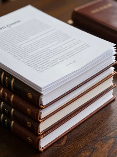 Dignified close-up of organized legal briefs and leather-bound volumes on a dark wood table, sharp side lighting.