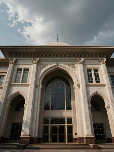 Low-angle architectural photograph of the High Court of Telangana in Hyderabad, dramatic overcast daylight filtering through large windows, symmetrical composition, majestic judicial arches, high-contrast side lighting, no people.