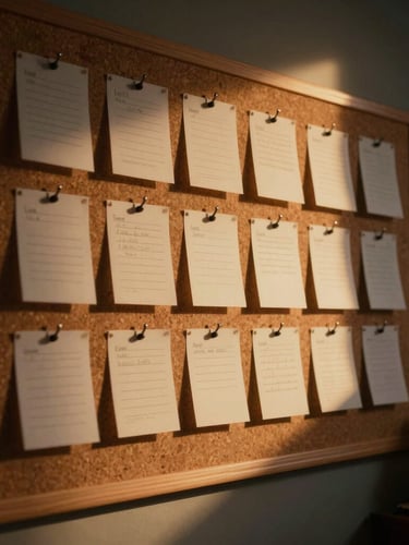 Extreme wide cinematic shot of a dark, moody writer's room at night, warm tungsten light casting long shadows over index cards pinned to a corkboard, high-contrast chiaroscuro.