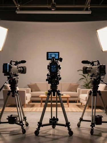 Extreme wide shot of a multi-cam television soundstage, high-contrast shadows with warm tungsten spotlights illuminating three empty camera rigs facing a structured living room set.