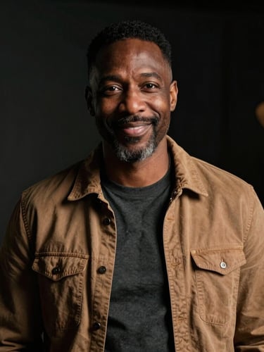 Cinematic, low-key portrait of strategist Kenny Madison in a dark room, warm tungsten side-lighting, high-contrast shadows, non-smiling, sharp editorial framing.