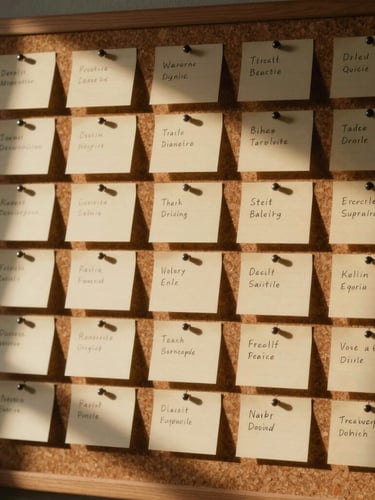 Low-key, dramatic close-up of a writer's room corkboard, index cards pinned in neat columns representing narrative beats, warm tungsten lighting casting sharp shadows.