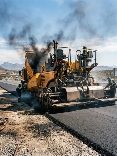 Low-angle heroic shot of a yellow asphalt paving machine in active operation on a South African highway corridor, bright high-contrast daylight, dramatic charcoal dust, wide-angle lens