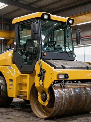 Inside a heavy machinery workshop, a yellow road roller being serviced by technicians, industrial lighting, sharp metal textures
