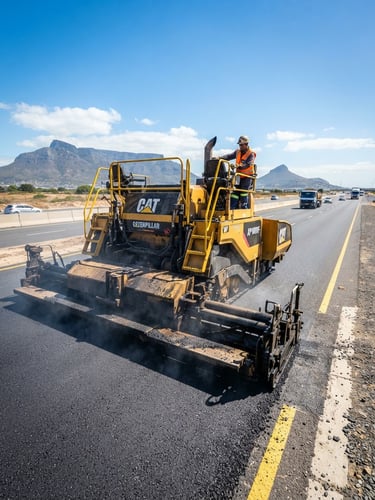 Low-angle heroic shot of a heavy asphalt paving machine laying hot-mix asphalt on a wide highway under bright South African daylight, sharp shadows, safety yellow accents