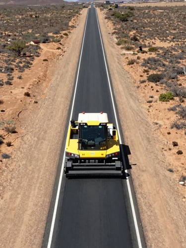 Overhead drone shot showing a modern asphalt paving machine laying a perfectly straight, dark charcoal highway lane through a dry South African landscape.