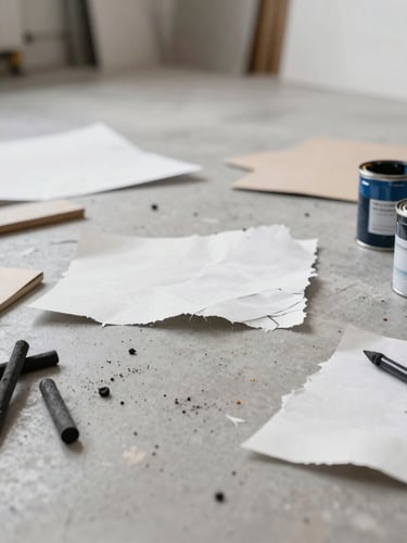Candid, low-contrast photo of the artist's studio floor covered in raw materials, torn paper, charcoal sticks, and paint cans, soft natural light