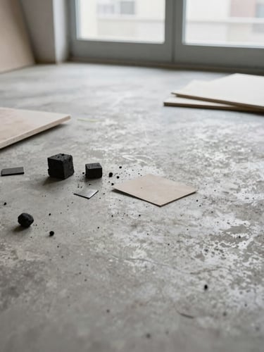 Candid, low-contrast photo of an artist's concrete studio floor, scattered scraps of raw canvas, charcoal blocks, and metal fragments under diffused natural window light, 35mm.