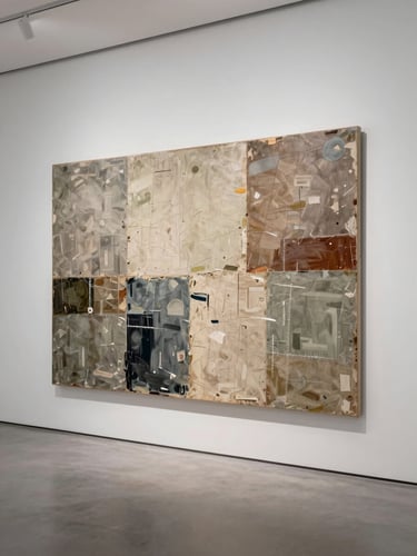 A wide-angle shot of a large mixed-media canvas hung on a stark white gallery wall, natural side-lighting casting subtle shadows of the textured surface, minimalist architectural space.