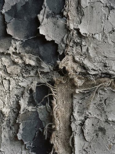 Straight-on macro shot of a mixed-media artwork surface, thick layers of textured gray plaster, torn charcoal paper, and weathered canvas edges, natural side-lighting casting subtle shadows, fine art gallery photography style, 35mm.