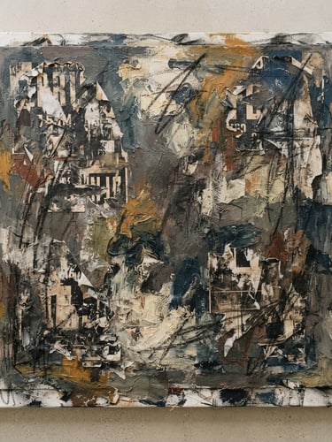 Straight-on flat-lay gallery photograph of a mixed-media canvas with thick paint layers, torn street posters, and raw charcoal, soft natural side-lighting