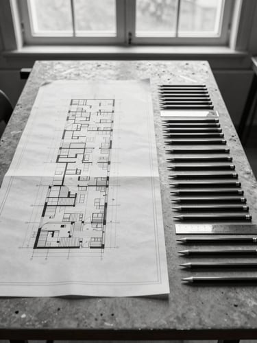 Wide studio shot from above, architectural blueprint sheets laid flat on a concrete drafting table, pencils and a set square arranged in precise parallel lines to the right, overcast daylight from a high window, monochromatic high-contrast, no people