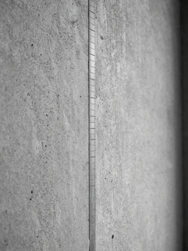 Extreme close-up of raw concrete wall texture meeting a precisely ruled pencil line, construction detail, high-contrast black-and-white studio light from one side, no people, no warmth, no filters, left-edge framing with generous negative space on the right