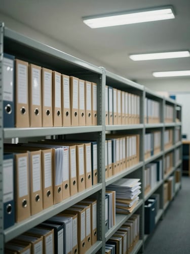 Wide shot of an organized administrative office, rows of sealed filing folders on steel shelving under cold overhead fluorescent light, documents stacked with visible index tabs, no people, clinical and ordered