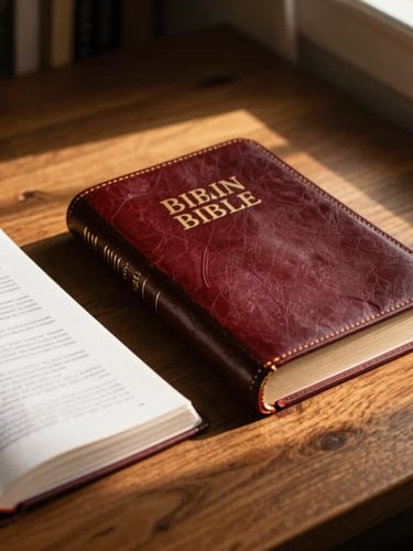 An open leather-bound study Bible resting on a dark wooden desk beside a structured theological workbook, warm golden-hour window light casting rich shadows, 35mm