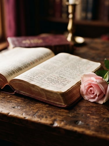 Warm dramatic side-lighting on an open leather-bound Bible resting on a dark wooden table beside a soft pink rose, shallow depth of field, 35mm