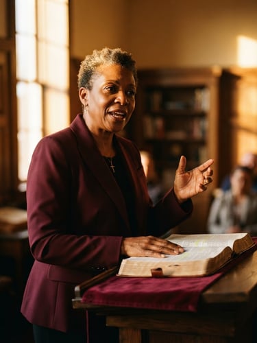 Apostle Sarah Ingram-White teaching from an open leather-bound Bible, warm dramatic side-lighting, golden-hour window glow, rich burgundy tones, 35mm