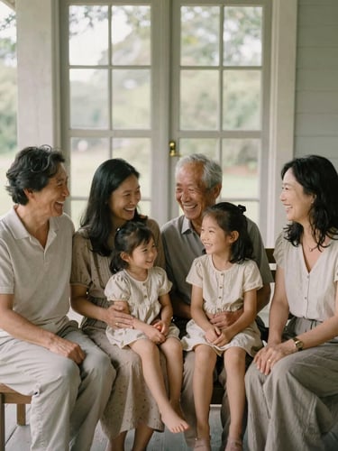 Warm editorial photograph of a multi-generational family sitting together on a sunlit porch, laughing quietly, soft natural window light, muted earth tones, 35mm