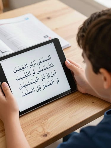 Over-the-shoulder shot of a smiling child using a tablet for an online class, soft natural indoor light, warm wooden table, beautifully printed Arabic workbook visible, shallow depth of field