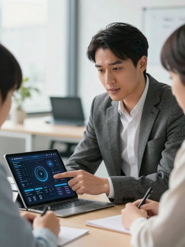 A professional consultant pointing at a data dashboard on a tablet during a reassuring meeting with a student and parent, bright natural daylight, modern office background.