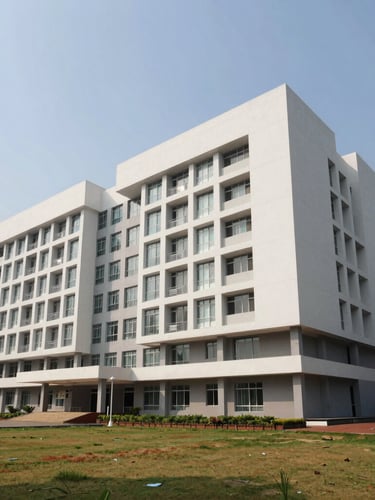 Lush modern private university campus in South India with impressive contemporary engineering building, bright daylight, wide angle.