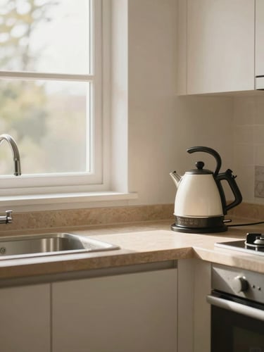 A bright, clean HMO communal kitchen with soft morning sun streaming through a window, warm stone countertops, and a modern kettle on the side, 35mm lens