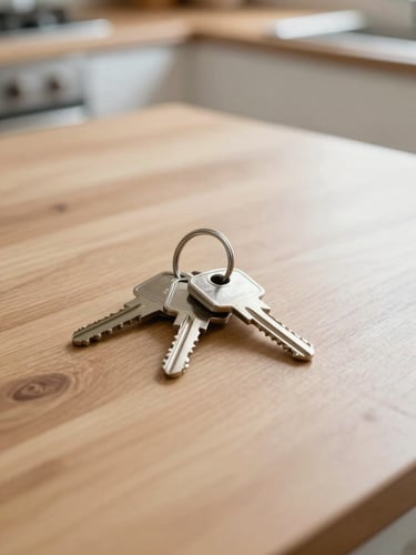 A close-up of a set of keys resting on a clean wooden kitchen table, soft morning daylight, warm and inviting atmosphere, 35mm lens