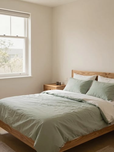 Warm editorial photography of a bright, daylight-filled modern bedroom with cream walls, a neatly made double bed with soft green linens, and a wooden bedside table, 35mm lens.