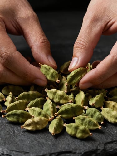 Macro shot of hands sorting bold green cardamom pods on a dark stone surface, dramatic side-lighting, rich deep tones, 35mm.