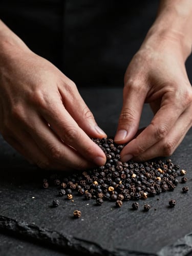 Elegant hands meticulously sorting black pepper corns on a dark stone surface, low-key dramatic side-lighting, rich deep tones, macro lens, 35mm, luxury aesthetic.