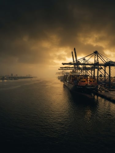 Wide panoramic shot of a modern container ship at port in Kochi, Kerala, at dawn, with cranes silhouetted against a misty, golden sky. The ship is positioned to the right, with expansive water and sky to the left. Dramatic side-lighting.