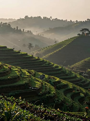 Wide panoramic Kerala spice estate at dawn, mist rising over lush green hills, soft side-lighting, 35mm