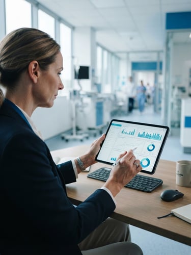 Over-the-shoulder shot of a healthcare sales director analyzing clean data dashboards on a tablet in a bright clinical office, cool blue tones, shallow depth of field