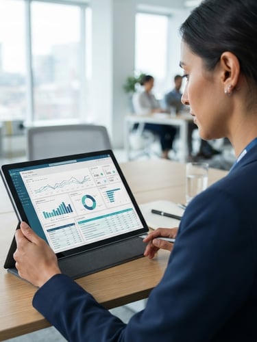 Over-the-shoulder shot of a healthcare marketer analyzing clean clinical data dashboards on a tablet, bright natural daylight, cool blue tones, shallow depth of field