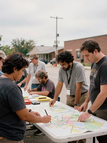 Wide environmental shot of a community workshop in Chicago, natural overcast daylight, warm muted earth tones, 35mm film style, community leaders and organizers collaborating around a table with neighborhood maps, authentic documentary style.