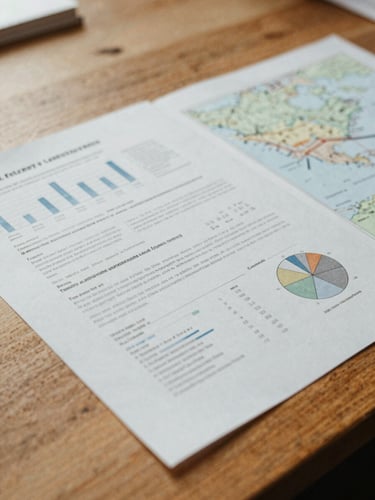 Close-up of a printed policy report with charts and maps on a wooden table, natural overcast daylight, warm muted earth tones, authentic documentary style