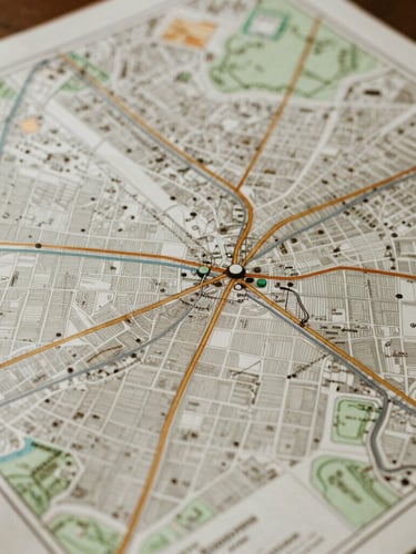 Overhead shot of a printed GIS data map showing urban infrastructure lines, warm indoor ambient light, natural textures, authentic documentary style