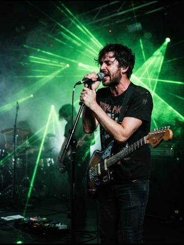 Moody concert photography, high-contrast dark stage with intense neon green laser lights, heavy smoke, cinematic grain, 35mm lens.