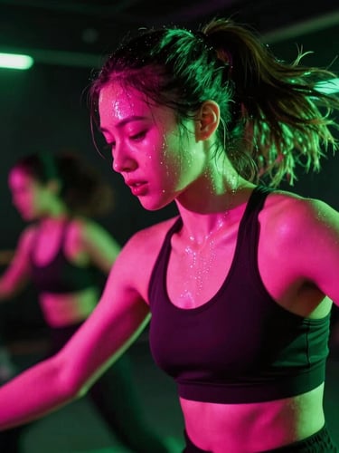 Dynamic close-up of a dancer sweating under intense hot pink and acid green neon strobes in a dark club-inspired fitness studio, motion blur, 35mm lens