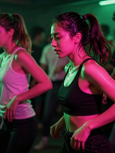 Dynamic action photography of dancers sweating under hot pink and vibrant green neon club lights, deep shadows, motion blur, 35mm lens