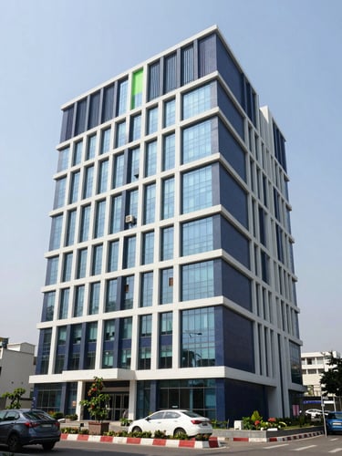 A professional corporate office building in Ranchi, bright natural daylight, clean navy and green accents, sharp focus, editorial 35mm style