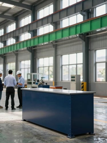 A wide-angle environmental photograph of a modern steel fabrication factory in Jharkhand, bright natural daylight filtering through high windows, active engineers collaborating in the background.