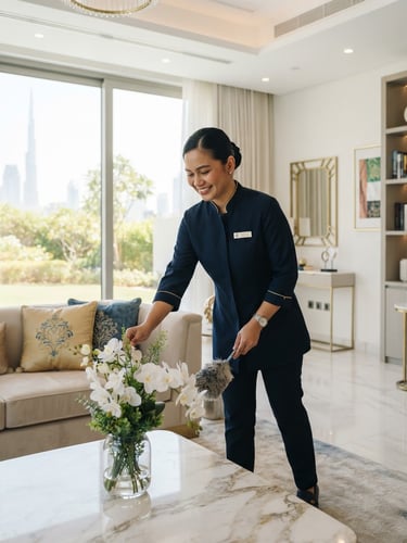 bright editorial photography of a modern clean UAE home interior, a professional domestic assistant in a neat uniform smiling gently, soft natural daylight, 35mm