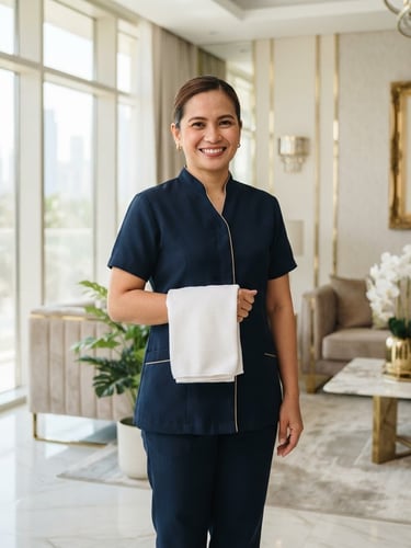Bright editorial photography of a professional female domestic worker in a neat blue uniform standing in a modern, sunlit Dubai living room, smiling warmly, holding a clean microfiber cloth, elegant gold accents in the background, 35mm.