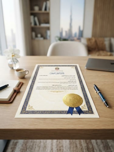 Official commercial license document with gold seal of UAE Ministry of Human Resources, clean corporate desk setting, professional lighting, 35mm