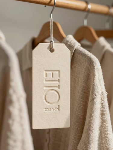 Macro shot of custom-designed letterpress hangtags attached to textured linen garments hanging on a wooden rack, warm morning daylight, soft focus background.