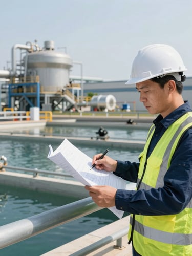 Professional environmental engineer in safety gear reviewing technical blueprints on-site at a modern industrial water treatment plant, bright natural daylight, 35mm